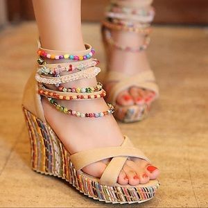 Women's Tan Bohemian Wedges w/ Beaded Ankle Straps ~ Size 10 ~ new w/o tags